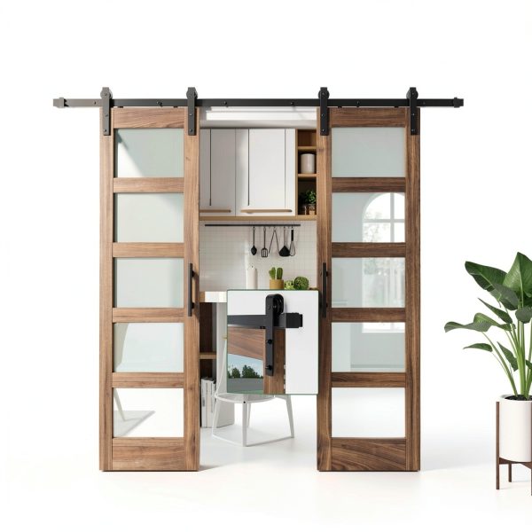 FREDBECK Barn Door 24x84 Double Doors with Hardware Brown Modern Glass-8