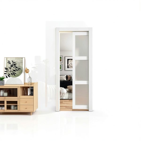 Pocket Door JUBEST 36x96 Inch White Frosted Glass Soft Close Door-8